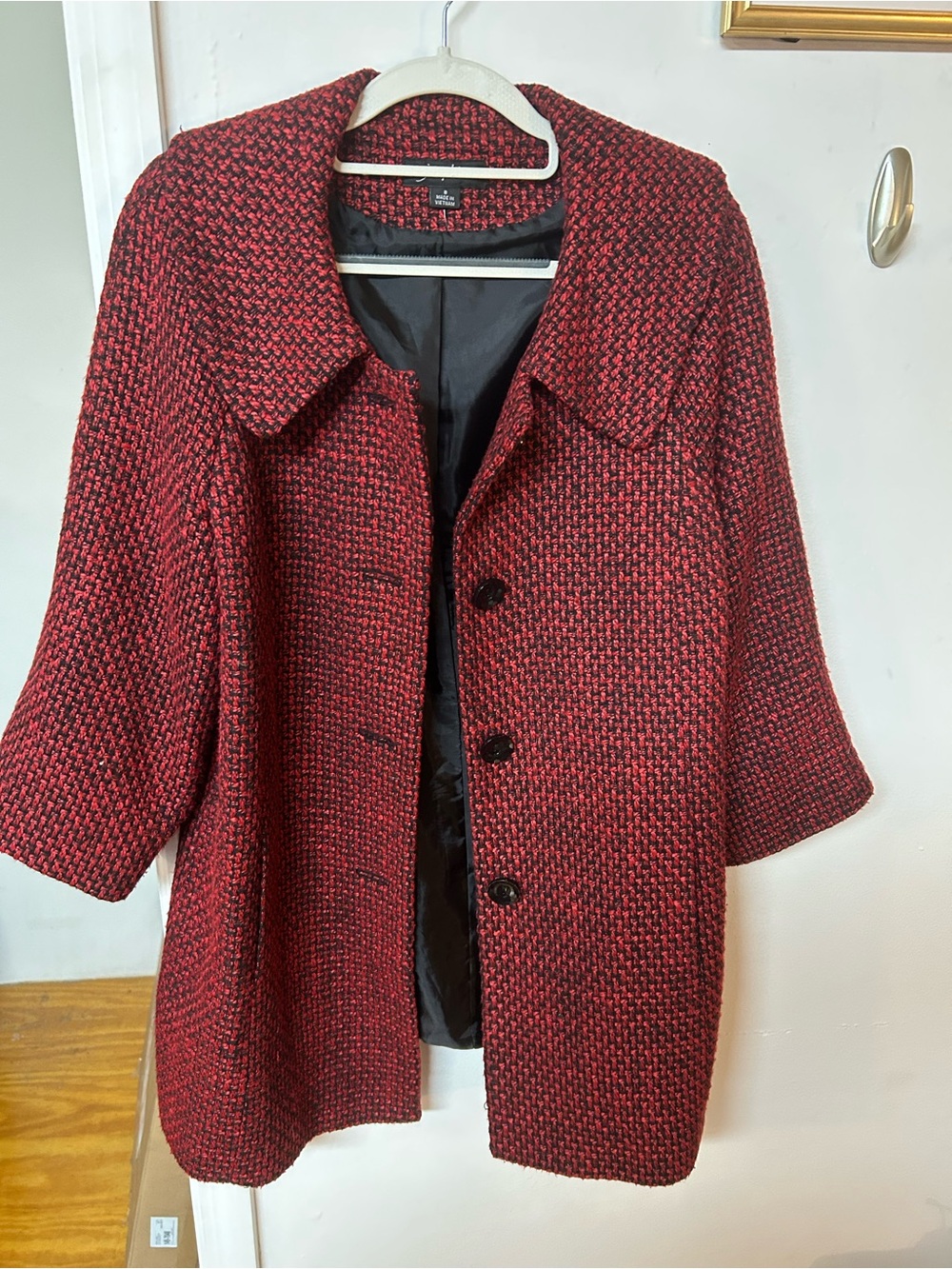Red Tweed Pea Coat with Wide Collar